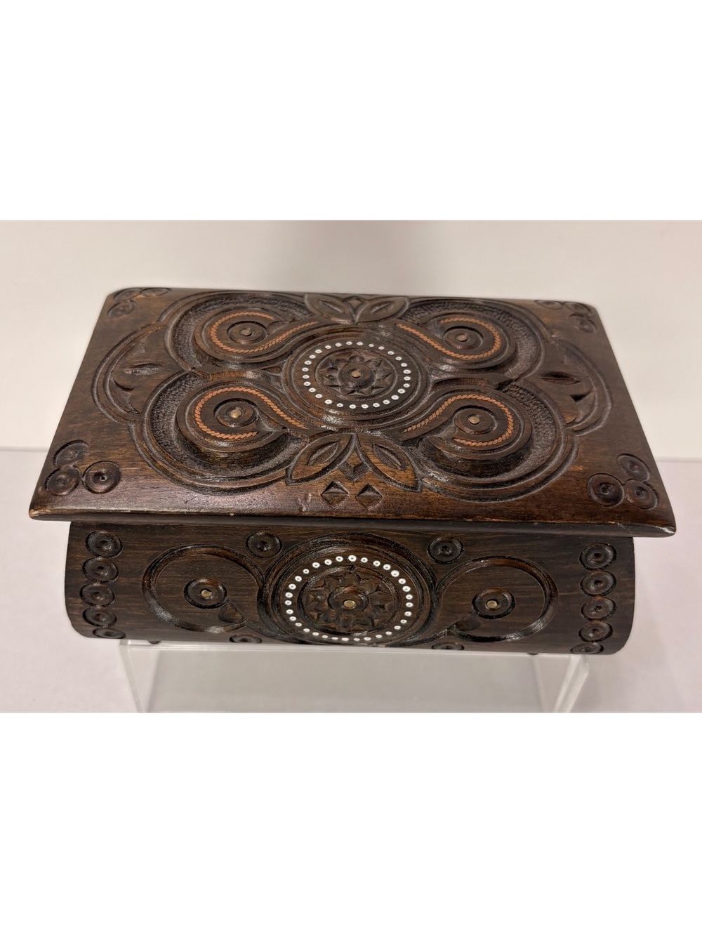 Vintage Hand-Carved Wooden Jewelry Box Ornate Folk Art Floral Scrollwork